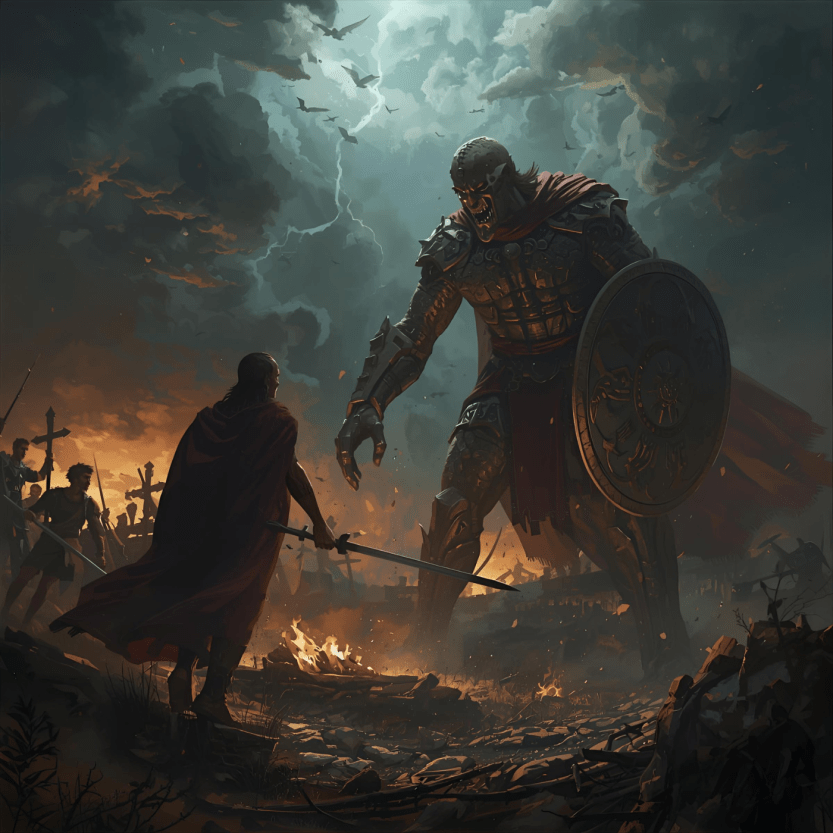 David about to face Goliath in a dark fantasy style artwork for the song "Goliath Falling" by Joseph VanBuren